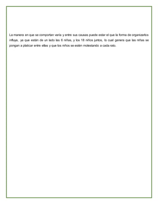 La manera en que se comportan varía y entre sus causas puede estar el que la forma de organizarlos
influya, ya que están de un lado las 6 niñas, y los 18 niños juntos, lo cual genera que las niñas se
pongan a platicar entre ellas y que los niños se estén molestando a cada rato.
 