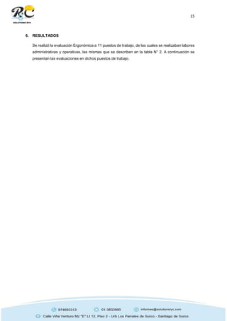 15
6. RESULTADOS
Se realizó la evaluación Ergonómica a 11 puestos de trabajo, de las cuales se realizaban labores
administrativas y operativas, las mismas que se describen en la tabla N° 2. A continuación se
presentan las evaluaciones en dichos puestos de trabajo.
 