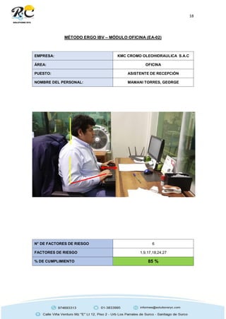 18
MÉTODO ERGO IBV – MÓDULO OFICINA (EA-02)
EMPRESA: KMC CROMO OLEOHIDRAULICA S.A.C
ÁREA: OFICINA
PUESTO: ASISTENTE DE RECEPCIÓN
NOMBRE DEL PERSONAL: MAMANI TORRES, GEORGE
N° DE FACTORES DE RIESGO 6
FACTORES DE RIESGO 1,9,17,18,24,27
% DE CUMPLIMIENTO 85 %
 
