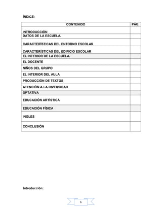 6
ÍNDICE:
CONTENIDO PÁG.
INTRODUCCIÓN
DATOS DE LA ESCUELA.
CARACTERÍSTICAS DEL ENTORNO ESCOLAR
CARACTERÍSTICAS DEL EDIFICIO ESCOLAR
EL INTERIOR DE LA ESCUELA.
EL DOCENTE
NIÑOS DEL GRUPO
EL INTERIOR DEL AULA
PRODUCCIÓN DE TEXTOS
ATENCIÓN A LA DIVERSIDAD
OPTATIVA
EDUCACIÓN ARTÍSTICA
EDUCACIÓN FÍSICA
INGLES
CONCLUSIÓN
Introducción:
 
