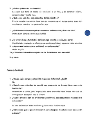 21
5. ¿Qué es para usted un maestro?
Es aquel que tiene el trabajo de enseñarle a un niño, y de transmitir valores,
conocimientos y mucho más.
6. ¿Qué opina usted de esta escuela y de los maestros?
Es una escuela muy grande, tiene todo los recursos que un alumno pueda tener, son
muy buenos maestros los que enseñan aquí.
7. ¿Qué tareas debe desempeñar un maestro en la escuela y fuera de ella?
Darles buen ejemplo a todos sus alumnos
8. ¿Si tuviera la oportunidad de cambiar algo en esta escuela, que sería?
Cambiaria las chucherías y refrescos que venden por frutas y aguas de frutas naturales
9. ¿Alguna vez ha reprobado su hijo(a), en qué grado(s)?
No en ninguno
10.¿Cómo considera el desempeño de los docentes de esta escuela?
Muy buena
Padre de familia #2
1. ¿Ocupa algún cargo en el comité de padres de familia? ¿Cuál?
No
2. ¿Usted como miembro de comité que propuesta de trabajo tiene para esta
institución?
No estoy en el comité, pero mi propuesta seria tener más áreas verdes para que los
niños puedan desayunar bajo la sombra.
3. ¿Cuáles crea que son los problemas que enfrenta esta escuela con respecto a la
educación?
La falta de atención de los maestros y papas hacia nuestros hijos
4. ¿Cómo cree que se puede mejorar el aprendizaje de los alumnos de educación
primaria?
 