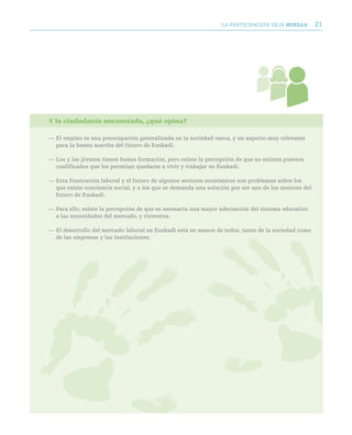 LA PARTICIPACIóN DEjA huella         21




Y la ciudadanía encuestada, ¿qué opina?

— El empleo es una preocupación generalizada en la sociedad vasca, y un aspecto muy relevante
  para la buena marcha del futuro de Euskadi.

— Los y las jóvenes tienen buena formación, pero existe la percepción de que no existen puestos
  cualificados que les permitan quedarse a vivir y trabajar en Euskadi.

— Esta frustración laboral y el futuro de algunos sectores económicos son problemas sobre los
  que existe conciencia social, y a los que se demanda una solución por ser uno de los motores del
  futuro de Euskadi.

— Para ello, existe la percepción de que es necesaria una mayor adecuación del sistema educativo
  a las necesidades del mercado, y viceversa.

— El desarrollo del mercado laboral en Euskadi está en manos de todos, tanto de la sociedad como
  de las empresas y las Instituciones.
 