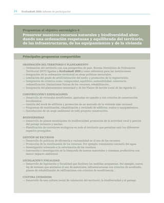 24   ecoeuskadi 2020: informe de participación




     Propuestas al objetivo estratégico 4
     Preservar nuestros recursos naturales y biodiversidad abor-
     dando una ordenación respetuosa y equilibrada del territorio,
     de las infraestructuras, de los equipamientos y de la vivienda


     Principales propuestas compartidas

     Ordenación deL territOriO Y pLaneaMientO
     — Ordenación del territorio con una perspectiva de país. Nuevas Directrices de Ordenación
       Territorial (DOT) ligadas a ecoeuskadi 2020 y como referencia para las instituciones.
     — Integración de la ordenación territorial en otras políticas sectoriales.
     — Limitación del grado de artificialización del suelo; y promoción de la regeneración.
     — Integración de criterios como: compacidad, equilibrio, sostenibilidad, coherencia,
       redensificación, limitaciones físicas de los recursos, rehabilitación...
     — Integración del planeamiento municipal y de los Planes de Acción Local de las Agenda 21.

     cOnStrUcción Y ediFicaciOneS
     — Desarrollo de viviendas ecoeficientes, ajustadas en tamaño y con criterios de construcción
       bioclimática.
     — Gestión del stock de edificios y promoción de un mercado de la vivienda más racional.
     — Programas de reutilización, rehabilitación y reciclado de edificios, suelos y equipamientos.
     — Introducción de un anejo ambiental en todo proyecto constructivo.

     BiOdiVerSidad
     — Desarrollo de planes municipales de biodiversidad, promoción de la actividad rural y gestión
       del paisaje terrestre y marino.
     — Planificación de corredores ecológicos en todo el territorio que permitan unir los diferentes
       espacios protegidos.

     GeStión de recUrSOS
     — Desarrollo de políticas de eficiencia y racionalidad en el uso de los recursos.
     — Promoción de la reutilización de los recursos. Por ejemplo, tratamiento terciario del agua.
     — Investigación orientada a la valorización de los residuos.
     — Innovación e investigación en la búsqueda de nuevos materiales y sistemas productivos con
       menor impacto ambiental.

     LeGiSLación Y FiScaLidad
     — Desarrollo de legislación y fiscalidad que faciliten las medidas propuestas. Por ejemplo, nueva
       ley de envases que minimice el uso de materiales, infraestructuras con criterios de ecodiseño,
       planes de rehabilitación de edificaciones con criterios de ecoeficiencia…

     cULtUra ciUdadana
     — Desarrollo de una cultura social de valoración del territorio, la biodiversidad y el paisaje.
 