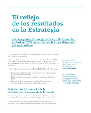 43




      el reflejo
      de los resultados
      en la estrategia
      ¿Ha recogido la estrategia de desarrollo Sostenible
      de euskadi 2020 los resultados de la participación?
      ¿en qué medida?


  La Estrategia de Desarrollo Sostenible de Euskadi 2020 se ha elaborado
con y desde la participación.

   Esto significa que en el proceso de construcción de ecoeuskadi 2020      La participación
los resultados participativos han ido alimentando el propio contenido       ha sido una herramienta
de la estrategia, especialmente en la fase de generación de propuestas de   clave y una forma
actuación.
                                                                            de construir
  Este modo de hacer y de construir ecoeuskadi 2020 queda reflejado en:     EcoEuskadi 2020.

  — La sintonía que hay entre los resultados del proceso participativo
    y el documento de Estrategia.                                           En consecuencia,
  — El protagonismo que algunas cuestiones tienen en el documento           los resultados de la
    final.                                                                  participación tienen
  — La creación de un instrumento específico de participación y             reflejo en el documento
    seguimiento de la implementación de la Estrategia.                      de la propia Estrategia.


Sintonía entre los resultados de la
participación y el documento de estrategia
  La Estrategia de Desarrollo Sostenible de Euskadi 2020 ha hecho suyos,
con mayor o menor detalle, los resultados del proceso participativo.

   Las actuaciones que recoge el documento final son fruto de la
interacción entre las propuestas técnicas de las diferentes comisiones
 