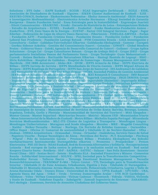 Solutions - dtS Oabe - eapn euskadi - ecO3r - eGaZ ingurugiro Zerbitzuak - eGiLe - eide,
asociación de diseñadores de euskadi – eiguren - eiKen cluster audiovisual de euskadi – ejie -
eKeUKO-cOVace, dorketxe - ekokontsumo Federazioa - ekolur asesoria ambiental - eKOS asesoría
e investigación Medioambiental - electrotécnica arteche Hermanos - elkargi Sociedad de Garantía
recíproca - emaús Fundación Social - enea estrategia para la Sostenibilidad - engranajes juaristi
- eñutt comunicación – eraiKUne – eroski - escuela de Hostelería de Leioa - estampaciones Bizkaia
- estudio de arquitectura – eUdeL - euskalit – euskaltel - eusko ikaskuntza-Fundación asmoz –
euskotren - eVe, ente Vasco de la energía – eUStat - Factor cO2 integral Services – Fagor - Fagor
ederlan - Federación de cajas de ahorro Vasco-navarras – Fibertecnic - FideLiZa-aMViSa – Forlan
- Fundación aZti - Fundación cristina enea - Fundación deusto - Fundación Gaiker - Fundación
Laboral San prudencio - Fundación Lantegi Batuak - FYM-cementos rezola - Gaia investigación y
consultoría – Gaiker - Galdakao txirrindulari elkartea - Galdakaoko ekologistak – Gamesa – Garapen
- Gerdau Sidenor azkoitia - Gestión del conocimiento itzarri – Getxolan – GiWatt - Global Biosfera
protec - Gobierno Vasco - Goieki, agencia de desarrollo comarcal de Goierri – Goilaser - Grupo aplica
Soluciones - Grupo cei - Grupo consultores Betean - Grupo de trabajo Bai+5 - Grupo ideO - Grupo
parlamentario Socialistas Vascos del parlamento Vasco - Grupo turiskopio- Gune Mekanizatuak –
Gureak - Haizea ikerketa - Haritzalde naturzaleen elkartea – Haztegi ikastola de Legazpi - HbiO -
Hiria Kolektiboa - Hospital de Galdakao - Hospital de Zumarraga - Human Management aSV 3000 –
iberdrola - ide (BBK-accenture) - ideko-iK4 – idOM – ieFpS armeria de eibar - ieFpS elorrieta de
Bilbao - ieFpS iurreta de iurreta - ieFpS Mendizabala de Vitoria-Gasteiz - ieFpS Miguel altuna de
Bergara - ieFpS repélega de portugalete - ieFpS San jorge de Santurtzi - ieS andramari de Galdakao



    MuChaS
- ieS Barrutialde de arratzu - ieS Uni eibar-ermua - iHOBe, Sociedad pública de Gestión ambiental
- iK4 research alliance - ikastola axular Lizeoa – iKea - iKei research & consultancy - iMd Basauri
– incoesa - información y desarrollo infyde- inFYde - ingartek consulting - inGe-innOVa Grupo




GRaCIaS
– inguralde - inguru, ingeniería y Gestión ambiental - ingurubide (Haizelan) - ingurugela Bilbao -
ingurugela Legazpi - ingurugela Vitoria-Gasteiz - ingurune-Grupo tradebe - iniciativas ambientales
- iniciativas ded tecnología y Sostenibilidad – innobasque - instituto de Máquina Herramienta-
iMH de elgoibar - instituto Geográfico Vasco “andrés de Urdaneta” - instituto ibermática de
innovación - instituto para la Sostenibilidad de Bizkaia - intermon Oxfam - invesco-Mirugain -
iraurgi Lantzen – itelazpi - itp industria de turbopropulsores - itS ciudad jardín de Vitoria-Gasteiz
– itsasmendikoi - iVap, instituto Vasco de administración pública - izadi 21 – iZaite - jesús Obrero
- Keli taldea - Koersa asesores – Korosti Zikloturistak - Kualitate Lantaldea – Kutxa - Lan ekintza -
Lanbide, Servicio Vasco de empleo – Largui - Lauaxeta ikastola – LKS - Limia & Martin - Loiola
Berrikuntza Fundazioa – Lortek - Lur Maitea – Maier - Mancomunidad de debagoiena - Mancomunidad
de municipios de arratia - Mancomunidad de Servicios de Uribe Kosta: Barrika, Berango, Lemoiz,
Sopelana, Urduliz, Gorliz y plentzia - Mancomunidad de Servicios del txorierri - MaS abogados -
Master Gecem - Master Segurisol - Matricerías deusto – Matrici - Maxam UeB - Mecanizados iriarte
- Mesa intersectorial de la Madera de euskadi - Metro Bilbao - Michelín españa portugal - Mirandaola
Servicios Medioambientales - MLc-itS clúster de Logística y transporte - Mondragon Lingua -
Mondragon Unibertsitatea - Moragues and Scade abogados – Morales – Mre - Mugalbi consulting
– naider - neiker-tecnalia – netizar - norbega. cía norteña de Bebidas Gaseosas – Oarsoaldea -
Office depot - Oficina 21 comarcal de sostenibilidad y Udaltalde 21 de nerbioi-ibaizabal – Ofita –
Ondoan - OneKa arquitectura – Ormazabal – Orona – Ortzadar - Osakidetza, Servicio Vasco de Salud
- papelera Usurbe - parque tecnológico de Álava - petróleos del norte - pi.t. Knowledge – pierburg
– polgraf - polo de innovación Garaia - precicast Bilbao - produktu ekologikoen eta bidezko
merkataritzaren kontsumorako durangaldeko elkartea – prometea – prospektiker - proton
electronica - pSe-ee derio - reaS euskadi, red de economía alternativa y Solidaria - recuperaciones
Leizaola - red europea de lucha contra la pobreza y la exclusión social en euskadi - red social
Koopera Gizarte Sarea – reziketa - S&F – SainSa – Saitec – Salazar - San Felix ikastetxea - Saunier
duval clima – SeO - Sestao Berri – Setem - Sindicato eLa - Sociedad Financiera y Minera - cementos
rezola - Solidaridad internacional – SOLiVe - Spri, Sociedad para la transformación competitiva -
Stakeholder Forum - talleres ibarre - tarazaga emotional Business Management - tecnalia
research&innovation - teKniMap e+Ma - telyco center - tti, tecnología para la transformación
interior - Udaltalde 21 de Zuia: aramaio, Urkabustaiz, Zigoitia y Zuia - Udaltalde 21 durangaldea -
Udaltalde 21 Montaña alavesa: arraia-Maeztu, Bernedo, peñacerrada-Urizaharra, Lagrán y Valle de
arana-Haranako Udala - Unesco etxea - Universidad de deusto - Upta euskadi - UpV/eHU - Ura,
agencia Vasca del agua – Urkoi – Urola - Urretxu Zumarragako aralar - Ute rcd Gardelegui -
Validatec – Vélez - Verbax comunicación - Vicinay cadenas – Vicomtech – Vidrala - ViSeSa, Vivienda
y Suelo de euskadi - Vodafone españa – Zabalgarbi - Zamudi ingeniería de Sistemas - ZaraMari-
hiri ekologia - Zuzenean, Servicio de atención ciudadana del Gobierno Vasco.
 