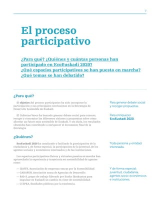 7




      el proceso
      participativo
      ¿para qué? ¿Quiénes y cuántas personas han
      participado en ecoeuskadi 2020?
      ¿Qué espacios participativos se han puesto en marcha?
      ¿Qué temas se han debatido?



¿para qué?
  El objetivo del proceso participativo ha sido incorporar la              Para generar debate social
participación y sus principales conclusiones en la Estrategia de           y recoger propuestas.
Desarrollo Sostenible de Euskadi.

   El Gobierno Vasco ha buscado generar debate social para conocer,        Para enriquecer
recoger y contrastar las diferentes visiones y propuestas sobre cómo       EcoEuskadi 2020.
abordar un futuro más sostenible de Euskadi. Y sin duda, los resultados
obtenidos han contribuido a enriquecer el documento final de la
Estrategia.


¿Quiénes?
   ecoeuskadi 2020 ha canalizado y facilitado la participación de la       Toda persona y entidad
ciudadanía y, de forma especial, la participación de la juventud, de los   interesada.
agentes sociales y económicos interesados y de las instituciones.

  Los espacios participativos físicos y virtuales puestos en marcha han
aprovechado la experiencia y trayectoria en sostenibilidad de agentes
como:

  — IZAITE, Aasociación de empresas vascas por la Sostenibilidad.          Y de forma especial:
  — GARAPEN, Asociación vasca de Agencias de Desarrollo.                   juventud, ciudadanía,
  — BAI+5, grupo de trabajo liderado por Eusko Ikaskuntza para             agentes socio-económicos
    impulsar en Euskadi un cambio en clave de sostenibilidad.              e instituciones.
  — Q-EPEA, Entidades públicas por la excelencia.
 