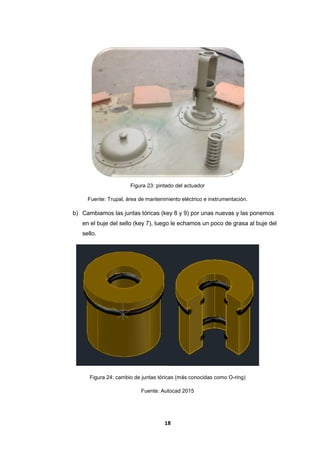 18
Figura 23: pintado del actuador
Fuente: Trupal, área de mantenimiento eléctrico e instrumentación.
b) Cambiamos las juntas tóricas (key 8 y 9) por unas nuevas y las ponemos
en el buje del sello (key 7), luego le echamos un poco de grasa al buje del
sello.
Figura 24: cambio de juntas tóricas (más conocidas como O-ring)
Fuente: Autocad 2015
 