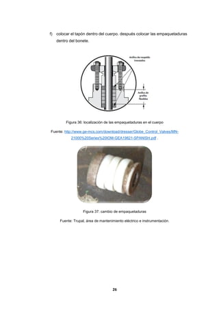 26
f) colocar el tapón dentro del cuerpo. después colocar las empaquetaduras
dentro del bonete.
Figura 36: localización de las empaquetaduras en el cuerpo
Fuente: http://www.ge-mcs.com/download/dresser/Globe_Control_Valves/MN-
21000%20Series%20IOM-GEA19821-SPANISH.pdf .
Figura 37: cambio de empaquetaduras
Fuente: Trupal, área de mantenimiento eléctrico e instrumentación.
 