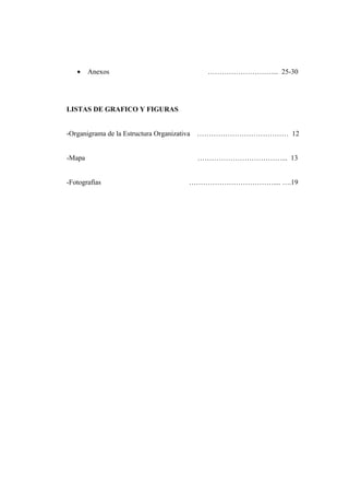 • Anexos ……………………….... 25-30
LISTAS DE GRAFICO Y FIGURAS
-Organigrama de la Estructura Organizativa ………………………………… 12
-Mapa ………………………………... 13
-Fotografías ……………………………….... ….19
 