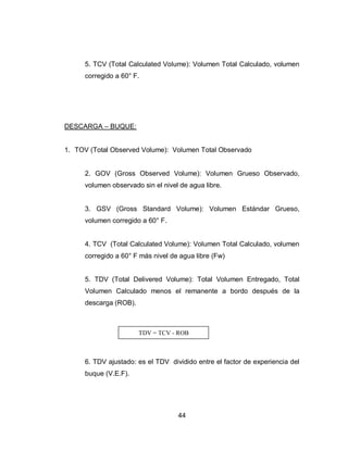 44
5. TCV (Total Calculated Volume): Volumen Total Calculado, volumen
corregido a 60° F.
DESCARGA – BUQUE:
1. TOV (Total Observed Volume): Volumen Total Observado
2. GOV (Gross Observed Volume): Volumen Grueso Observado,
volumen observado sin el nivel de agua libre.
3. GSV (Gross Standard Volume): Volumen Estándar Grueso,
volumen corregido a 60° F.
4. TCV (Total Calculated Volume): Volumen Total Calculado, volumen
corregido a 60° F más nivel de agua libre (Fw)
5. TDV (Total Delivered Volume): Total Volumen Entregado, Total
Volumen Calculado menos el remanente a bordo después de la
descarga (ROB).
6. TDV ajustado: es el TDV dividido entre el factor de experiencia del
buque (V.E.F).
TDV = TCV - ROB
 