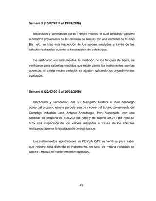 49
Semana 5 (15/02/2016 al 19/02/2016)
Inspección y verificación del B/T Negra Hipólita el cual descargo gasóleo
automotriz proveniente de la Refinería de Amuay con una cantidad de 60.560
Bls neto, se hizo esta inspección de los valores arrojados a través de los
cálculos realizados durante la fiscalización de este buque.
Se verificaron los instrumentos de medición de los tanques de tierra, se
verificaron para saber las medidas que están dando los instrumentos son las
correctas, si existe mucha variación se ajustan aplicando los procedimientos
existentes.
Semana 6 (22/02/2016 al 26/02/2016)
Inspección y verificación del B/T Navigator Gemini el cual descargo
comercial propano en una parcela y en otra comercial butano proveniente del
Complejo Industrial José Antonio Anzoátegui, Port, Venezuela, con una
cantidad de propano de 105.202 Bls neto y de butano 29.971 Bls neto se
hizo esta inspección de los valores arrojados a través de los cálculos
realizados durante la fiscalización de este buque.
Los instrumentos registradores en PDVSA GAS se verifican para saber
que registro está dictando el instrumento, en caso de mucha variación se
calibra o realiza el mantenimiento respectivo.
 