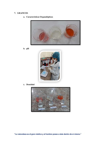 “La naturaleza es el gran médico y el hombre posee a éste dentro de sí mismo.”
7. GRAFICOS
a. Características Organolépticas
b. pH
c. Densidad
 