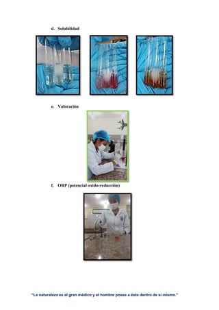 “La naturaleza es el gran médico y el hombre posee a éste dentro de sí mismo.”
d. Solubilidad
e. Valoración
f. ORP (potencial oxido-reducción)
 