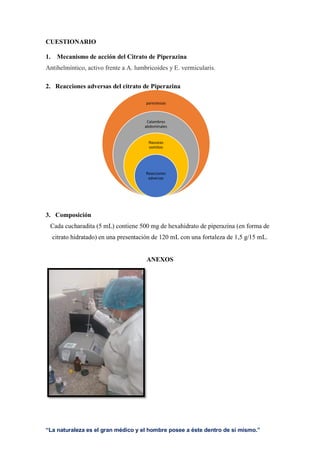 “La naturaleza es el gran médico y el hombre posee a éste dentro de sí mismo.”
CUESTIONARIO
1. Mecanismo de acción del Citrato de Piperazina
Antihelmíntico, activo frente a A. lumbricoides y E. vermicularis.
2. Reacciones adversas del citrato de Piperazina
3. Composición
Cada cucharadita (5 mL) contiene 500 mg de hexahidrato de piperazina (en forma de
citrato hidratado) en una presentación de 120 mL con una fortaleza de 1,5 g/15 mL.
ANEXOS
parestesias
Calambres
abdominales
Nauseas
vomitos
Reacciones
adversas
 