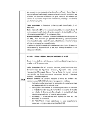 que produjoun huayco que se originóenel cerro Picotay discurriópor la
mencionadaquebrada,desdesusalturashastalaavenidaSanMartín, que
ocasionó una violenta inundación con gran cantidad de material del
terreno de las laderas desprendido y arrastrado por el agua vertiente de
una lluvia muy fuerte.
Daños personales: 10 fallecidos; 18 heridos; 649 damnificados; 1 631
afectados.
Daños materiales: 174 viviendas destruidas; 356 viviendas afectadas; 05
centroseducativosafectados;01centroeducativodestruido;994 hm².de
cultivo afectados y 261 hm². de cultivo perdidos.
Accionestomadas: El GobiernoCentral mediante Decretode UrgenciaNº
118-2009, dictó medidas que permitan financiar y ejecutar acciones
inmediatasdestinadasalaconstrucción,rehabilitaciónymejoramientode
la infraestructura de las zonas afectadas.
El Gobierno Regional de Ayacucho llevó a cabo las acciones de atención,
rehabilitación y reconstrucción. El PRONAA entregó alimentos en los
albergues instalados.
2008
HELADAS Y FRIAJE EN LAS ZONAS ALTOANDINAS DEL PERÚ
Desde el mes de Enero a Octubre, se registraron bajas temperaturas y
heladas en 17 departamentos.
Daños personales: 606 022 personas afectadas, correspondientes a los
departamentos de Apurímac, Arequipa, Ayacucho, Lima, Cusca,
Huancavelica, Moquegua, Paseo, Puno y Tacna. En menor número
corresponde los departamentos de Amazonas, Ancash, Cajamarca,
Huánuco, Lambayeque y Piura.
Acciones tomadas: El Gobierno nacional a través del INDECI y las
instituciones del SINADECI adoptaron las siguientes medidas:
 Se implementóunacampañade recoleccióndeayudahumanitaria
en la explanada del Estadio Nacional.
 Se dispusolamovilizaciónde aeronavesycaravanas de camiones
a fin de transportar la ayuda humanitaria a las zonas declaradas
en estados de Emergencia. Se entregó a la población afectada
ayuda humanitaria por un total de 404 toneladas.
 El MIMDES, a través del PRONAA entregó un total de 3.444
toneladas de alimentos.
 El PRONAMACH instaló cobertizos en cada departamento
declarado en emergencia, en un total de 3.563.
 