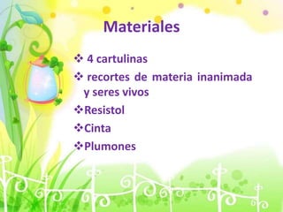 Materiales
 4 cartulinas
 recortes de materia inanimada
y seres vivos
Resistol
Cinta
Plumones
 