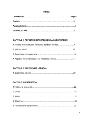 INDICE
CONTENIDO ………………………………………………………………….Página
Prefacio……………………………………………………………………………..i
Agradecimiento…………………………………………………………………….ii
INTRODUCCIÓN…………………………………………………………………..iii

CAPÍTULO 1- ASPECTOS GENERALES DE LA INVESTIGACION
1. Historia de la institución o empresa donde se practico……………………..7
2. Visión y Misión…………………………………………………………..……..13
3. Descripción dl organigrama……………………………………………………16
4. Aspectos fundamentales de las relaciones públicas…………………….....17

CAPÍTULO 2- EXPERIENCIA LABORAL
1. Experiencia laboral…………………………………………………………..…20

CAPÍTULO 3 –PROPUESTA
1.Titulo de la propuesta…………………………………………………………....22
2. Vision…………………………………………………………………………..….22
3. Misión……………………………………………………………………………...22
4. Objetivos…………………………………………………………………………..23
5. Planteamiento del problema……………………………………………………23

5

 