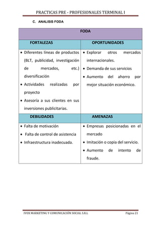 PRACTICAS PRE - PROFESIONALES TERMINAL I
IVOX MARKETING Y COMUNICACIÓN SOCIAL S.R.L Página 21
C. ANALISIS FODA
FODA
FORTALEZAS OPORTUNIDADES
 Diferentes líneas de productos
(BLT, publicidad, investigación
de mercados, etc.)
diversificación
 Actividades realizadas por
proyecto
 Asesoría a sus clientes en sus
inversiones publicitarias.
 Explorar otros mercados
internacionales.
 Demanda de sus servicios
 Aumento del ahorro por
mejor situación económico.
DEBILIDADES AMENAZAS
 Falta de motivación
 Falta de control de asistencia
 Infraestructura inadecuada.
 Empresas posicionadas en el
mercado
 Imitación o copia del servicio.
 Aumento de intento de
fraude.
 