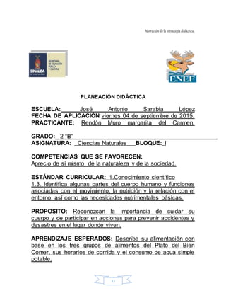 11
Narracióndela estrategia didáctica.
PLANEACIÓN DIDÁCTICA
ESCUELA: _José Antonio Sarabia López
FECHA DE APLICACIÓN viernes 04 de septiembre de 2015.
PRACTICANTE: Rendón Muro margarita del Carmen.
GRADO: _2 “B”
ASIGNATURA: _Ciencias Naturales BLOQUE: I
COMPETENCIAS QUE SE FAVORECEN:
Aprecio de sí mismo, de la naturaleza y de la sociedad.
ESTÁNDAR CURRICULAR: 1.Conocimiento científico
1.3. Identifica algunas partes del cuerpo humano y funciones
asociadas con el movimiento, la nutrición y la relación con el
entorno, así como las necesidades nutrimentales básicas.
PROPOSITO: Reconozcan la importancia de cuidar su
cuerpo y de participar en acciones para prevenir accidentes y
desastres en el lugar donde viven.
APRENDIZAJE ESPERADOS: Describe su alimentación con
base en los tres grupos de alimentos del Plato del Bien
Comer, sus horarios de comida y el consumo de agua simple
potable.
 