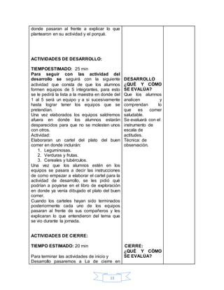 13
donde pasaran al frente a explicar lo que
plantearon en su actividad y el porqué.
ACTIVIDADES DE DESARROLLO:
TIEMPOESTIMADO: 25 min
Para seguir con las actividad del
desarrollo se seguirá con la siguiente
actividad que consta de que los alumnos
formen equipos de 5 integrantes, para esto
se le pedirá la lista a la maestra en donde del
1 al 5 será un equipo y a si sucesivamente
hasta lograr tener los equipos que se
pretendían.
Una vez elaborados los equipos saldremos
afuera en donde los alumnos estarán
desparecidos para que no se molesten unos
con otros.
Actividad:
Elaboraran un cartel del plato del buen
comer en donde incluirán:
1. Leguminosas.
2. Verduras y frutas.
3. Cereales y tubérculos.
Una vez que los alumnos estén en los
equipos se pasara a decir las instrucciones
de como empezar a elaborar el cartel para la
actividad de desarrollo, se les pidió qué
podrían a poyarse en el libro de exploración
en donde ya venía dibujado el plato del buen
comer.
Cuando los carteles hayan sido terminados
posteriormente cada uno de los equipos
pasaran al frente de sus compañeros y les
explicaran lo que entendieron del tema que
se vio durante la jornada.
ACTIVIDADES DE CIERRE:
TIEMPO ESTIMADO: 20 min
Para terminar las actividades de inicio y
Desarrollo pasaremos a La de cierre en
DESARROLLO
¿QUÉ Y CÓMO
SE EVALÚA?
Que los alumnos
analicen y
comprendan lo
que es comer
saludable.
Se evaluará con el
instrumento de
escala de
actitudes.
Técnica: de
observación.
CIERRE:
¿QUÉ Y CÓMO
SE EVALÚA?
 