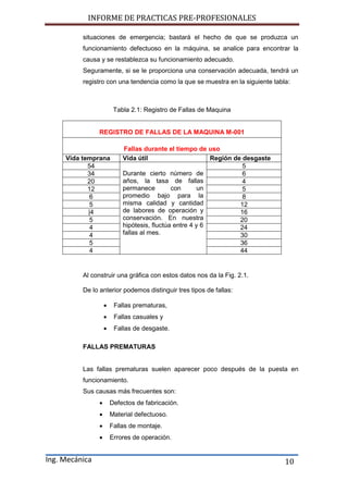 INFORME DE PRACTICAS PRE-PROFESIONALES
Ing. Mecánica 10
situaciones de emergencia; bastará el hecho de que se produzca un
funcionamiento defectuoso en la máquina, se analice para encontrar la
causa y se restablezca su funcionamiento adecuado.
Seguramente, si se le proporciona una conservación adecuada, tendrá un
registro con una tendencia como la que se muestra en la siguiente tabla:
Tabla 2.1: Registro de Fallas de Maquina
REGISTRO DE FALLAS DE LA MAQUINA M-001
Fallas durante el tiempo de uso
Vida temprana Vida útil Región de desgaste
54
Durante cierto número de
años, la tasa de fallas
permanece con un
promedio bajo para la
misma calidad y cantidad
de labores de operación y
conservación. En nuestra
hipótesis, fluctúa entre 4 y 6
fallas al mes.
5
34 6
20 4
12 5
6 8
5 12
|4 16
5 20
4 24
4 30
5 36
4 44
Al construir una gráfica con estos datos nos da la Fig. 2.1.
De lo anterior podemos distinguir tres tipos de fallas:
 Fallas prematuras,
 Fallas casuales y
 Fallas de desgaste.
FALLAS PREMATURAS
Las fallas prematuras suelen aparecer poco después de la puesta en
funcionamiento.
Sus causas más frecuentes son:
 Defectos de fabricación.
 Material defectuoso.
 Fallas de montaje.
 Errores de operación.
 