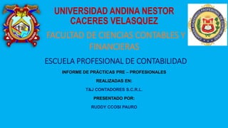 UNIVERSIDAD ANDINA NESTOR
CACERES VELASQUEZ
FACULTAD DE CIENCIAS CONTABLES Y
FINANCIERAS
ESCUELA PROFESIONAL DE CONTABILIDAD
INFORME DE PRÁCTICAS PRE – PROFESIONALES
REALIZADAS EN:
T&J CONTADORES S.C.R.L.
PRESENTADO POR:
RUDDY CCOSI PAURO
 