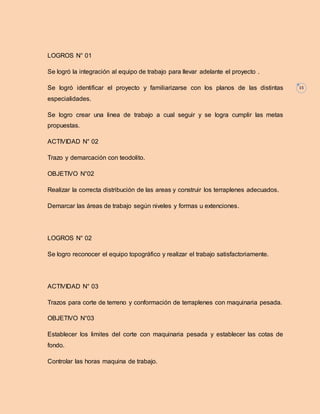 15 
LOGROS N° 01 
Se logró la integración al equipo de trabajo para llevar adelante el proyecto . 
Se logró identificar el proyecto y familiarizarse con los planos de las distintas 
especialidades. 
Se logro crear una linea de trabajo a cual seguir y se logra cumplir las metas 
propuestas. 
ACTIVIDAD N° 02 
Trazo y demarcación con teodolito. 
OBJETIVO N°02 
Realizar la correcta distribución de las areas y construir los terraplenes adecuados. 
Demarcar las áreas de trabajo según niveles y formas u extenciones. 
LOGROS N° 02 
Se logro reconocer el equipo topográfico y realizar el trabajo satisfactoriamente. 
ACTIVIDAD N° 03 
Trazos para corte de terreno y conformación de terraplenes con maquinaria pesada. 
OBJETIVO N°03 
Establecer los limites del corte con maquinaria pesada y establecer las cotas de 
fondo. 
Controlar las horas maquina de trabajo. 
 