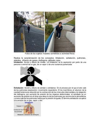 Fotos de los sujetos muestra sometidos a actividad física.
Realiza la caracterización de los conceptos: Inhalación, exhalación, pulmones,
alvéolos, difusión de gases, diafragma, glóbulos rojos.
Inhalación: Acción y efecto de inhalar. La inhalación es la aspiración por parte de una
persona o animal de un gas, de un vapor o de una sustancia pulverizada
Exhalación: Acción y efecto de exhalar o exhalarse. En el proceso por el que el aire sale
de los pulmones (espiración): movimiento respiratorio. El los mamíferos, el volumen de la
cavidad torácica es reducido por la contracción de los músculos intercostales y la relajación
del diafragma, por aumento de presión de los órganos abdominales: el resultado es un
aumento de presión en el tórax que eleva la de los pulmones por encima de la atmosférica,
y el aire sale de los pulmones hasta que la presión se iguala. El término exhalación se aplica
a la emisión de un gas, vapor u olor.
 