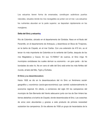 Los estuarios tienen forma de ensenadas, constituyen auténticos puertos
naturales, situados donde los ríos navegables se juntan con el mar. Los estuarios
los nutrientes abundan en la parte superior, se depositan rápidamente en los
manglares.
Delta del Sinú y estuarios
Río de Colombia, ubicado en el departamento de Córdoba. Nace en el Nudo del
Paramillo, en el departamento de Antioquia, y desemboca en Boca de Tinajones,
en la bahía de Cispatá, en el mar Caribe. Con una extensión de 415 km, es el
tercer río más importante de Colombia en la vertiente del Caribe, después de los
ríos Magdalena y Cauca. En sus 13.700Km2
de cuenca, el Sinú irriga 16
municipios cordobeses los cuales derivan su economía - en gran parte - de las
bondades de este río. No en vano el valle del Sinú está entre los más fértiles del
mundo, al lado del Nilo, Tigris y Éufrates.
El Sinú y su desembocadura
Hacia 1928 se dio en la desembocadura del río Sinú un fenómeno social-
geográfico y económico (socio-geo-económico) que cambió substancialmente la
economía regional. En efecto, a comienzos del siglo XX los campesinos del
municipio de San Bernardo del Viento adecuaron junto con los de San Antero las
tierras aledañas a la bahía de Cispatá, donde desembocaba el Sinú. Las cosechas
de arroz eran abundantes y gracias a este producto de primera necesidad
subsistían los campesinos. En los albores de 1938 un grupo de hacendados de la
 