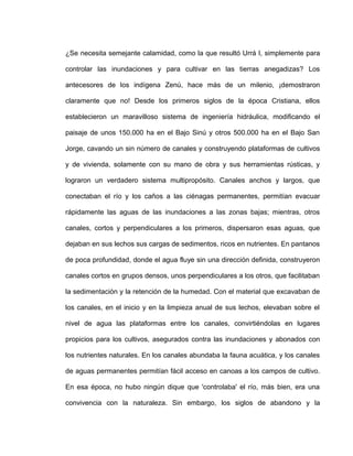 ¿Se necesita semejante calamidad, como la que resultó Urrá I, simplemente para
controlar las inundaciones y para cultivar en las tierras anegadizas? Los
antecesores de los indígena Zenú, hace más de un milenio, ¡demostraron
claramente que no! Desde los primeros siglos de la época Cristiana, ellos
establecieron un maravilloso sistema de ingeniería hidráulica, modificando el
paisaje de unos 150.000 ha en el Bajo Sinú y otros 500.000 ha en el Bajo San
Jorge, cavando un sin número de canales y construyendo plataformas de cultivos
y de vivienda, solamente con su mano de obra y sus herramientas rústicas, y
lograron un verdadero sistema multipropósito. Canales anchos y largos, que
conectaban el río y los caños a las ciénagas permanentes, permitían evacuar
rápidamente las aguas de las inundaciones a las zonas bajas; mientras, otros
canales, cortos y perpendiculares a los primeros, dispersaron esas aguas, que
dejaban en sus lechos sus cargas de sedimentos, ricos en nutrientes. En pantanos
de poca profundidad, donde el agua fluye sin una dirección definida, construyeron
canales cortos en grupos densos, unos perpendiculares a los otros, que facilitaban
la sedimentación y la retención de la humedad. Con el material que excavaban de
los canales, en el inicio y en la limpieza anual de sus lechos, elevaban sobre el
nivel de agua las plataformas entre los canales, convirtiéndolas en lugares
propicios para los cultivos, asegurados contra las inundaciones y abonados con
los nutrientes naturales. En los canales abundaba la fauna acuática, y los canales
de aguas permanentes permitían fácil acceso en canoas a los campos de cultivo.
En esa época, no hubo ningún dique que 'controlaba' el río, más bien, era una
convivencia con la naturaleza. Sin embargo, los siglos de abandono y la
 