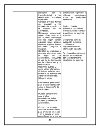 relaciones con la 
interculturalidad y las 
necesidades educativas 
especiales. 
Conozco diversas formas 
de organizar a los 
alumnos de acuerdo con 
la finalidad de las 
actividades. 
Demuestro conocimiento 
sobre cómo proponer a 
los alumnos actividades 
que los hagan pensar, 
expresar ideas propias, 
observar, explicar, buscar 
soluciones, preguntar e 
imaginar. 
Identifico los materiales y 
recursos adecuados para 
el logro de los 
aprendizajes, incluyendo 
el uso de las tecnologías 
de la información y la 
comunicación. 
Determino cuándo y 
cómo utilizar alternativas 
didácticas variadas para 
brindar a los alumnos una 
atención diferenciada. 
Sé cómo utilizar 
instrumentos pertinentes 
para recabar información 
sobre el desempeño de 
los alumnos. 
Muestro conocimiento 
para analizar 
producciones de los 
alumnos y valorar sus 
aprendizajes. 
Conozco los tipos de 
acciones e interacciones 
para promover en el aula 
y en la escuela un clima 
de confianza en el que se 
~ 26 ~ 
sistematicen, expliquen y 
obtengan conclusiones 
sobre los contenidos 
estudiados. 
Explico cómo la 
evaluación con sentido 
formativo puede contribuir 
a que todos los alumnos 
aprendan. 
Comprendo como la 
evaluación formativa 
contribuye al 
mejoramiento de la 
intervención docente. 
Sé cómo utilizar el tiempo 
escolar en actividades 
con sentido formativo 
para todos los alumnos. 
 