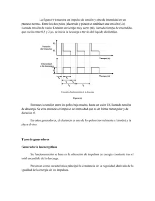 La figura (w) muestra un impulso de tensión y otro de intensidad en un
proceso normal. Entre los dos polos (electrodo y pieza) se establece una tensión (Uo)
llamada tensión de vacío. Durante un tiempo muy corto (td), llamado tiempo de encendido,
que oscila entre 0,5 y 2 µs, se inicia la descarga a través del líquido dieléctrico.
Conceptos fundamentales de la descarga
Figura (x)
Entonces la tensión entre los polos baja mucho, hasta un valor Uf, llamado tensión
de descarga. Se crea entonces el impulso de intensidad que es de forma rectangular y de
duración tf.
En estos generadores, el electrodo es uno de los polos (normalmente el ánodo) y la
pieza el otro.
Tipos de generadores
Generadores isoenergeticos
Su funcionamiento se basa en la obtención de impulsos de energía constante tras el
total encendido de la descarga.
Presentan como característica principal la constancia de la rugosidad, derivada de la
igualdad de la energía de los impulsos.
 