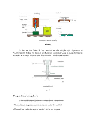 Esquema de la máquina de (LBM)
Figura (G)
El láser es una fuente de luz coherente de alta energía cuyo significado es
“Amplificación de Luz por Emisión de Radiación Estimulada”, que en inglés forman las
siglas LASER (Light Amplification by Stimulated Emission of Radiation).
Mecanizado (LBM)
Figura H
Composición de la maquinaria
El sistema láser principalmente consta de tres componentes:
- Un medio activo, que en nuestro caso es un cristal de Nd:YAG.
- Un medio de excitación, que en nuestro caso es una lámpara.
 