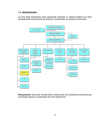 1.5 ORGANIGRAMA

La Cruz Roja Colombiana está organizada mediante un sistema federal que tiene
principalmente las funciones de dirección, coordinación y orientación doctrinaria.




Recuperación: Esta área maneja todo lo relacionado con proyectos económicos que
se ejecuten gracias a cooperación de otros Organismos




                                        12
 