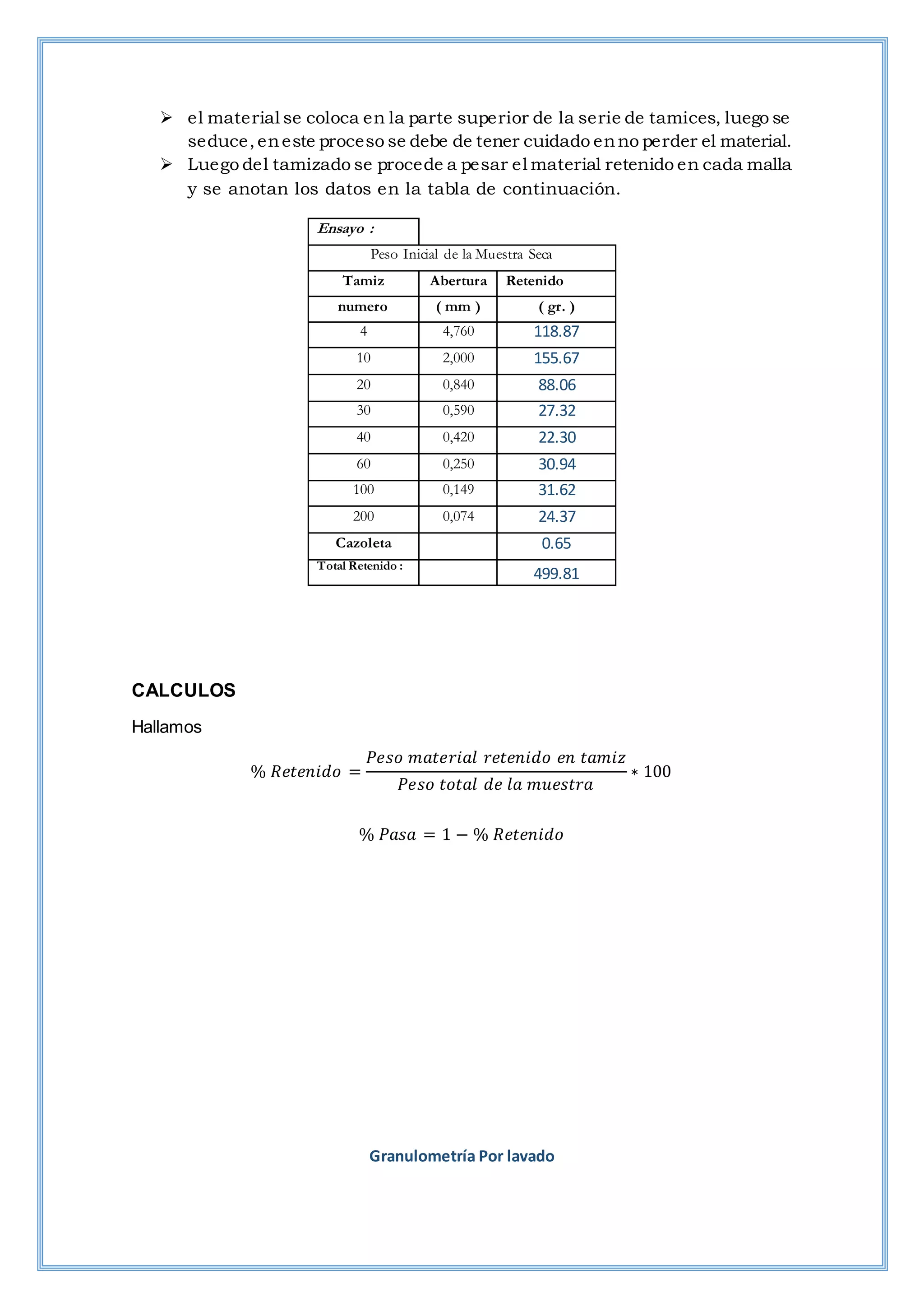  el material se coloca en la parte superior de la serie de tamices, luego se
seduce,eneste proceso se debe de tener cuidado enno perder el material.
 Luego del tamizado se procede a pesar el material retenido en cada malla
y se anotan los datos en la tabla de continuación.
Ensayo :
Peso Inicial de la Muestra Seca
Tamiz Abertura Retenido
numero ( mm ) ( gr. )
4 4,760 118.87
10 2,000 155.67
20 0,840 88.06
30 0,590 27.32
40 0,420 22.30
60 0,250 30.94
100 0,149 31.62
200 0,074 24.37
Cazoleta 0.65
Total Retenido :
499.81
CALCULOS
Hallamos
% 𝑅𝑒𝑡𝑒𝑛𝑖𝑑𝑜 =
𝑃𝑒𝑠𝑜 𝑚𝑎𝑡𝑒𝑟𝑖𝑎𝑙 𝑟𝑒𝑡𝑒𝑛𝑖𝑑𝑜 𝑒𝑛 𝑡𝑎𝑚𝑖𝑧
𝑃𝑒𝑠𝑜 𝑡𝑜𝑡𝑎𝑙 𝑑𝑒 𝑙𝑎 𝑚𝑢𝑒𝑠𝑡𝑟𝑎
∗ 100
% 𝑃𝑎𝑠𝑎 = 1 − % 𝑅𝑒𝑡𝑒𝑛𝑖𝑑𝑜
Granulometría Por lavado
 