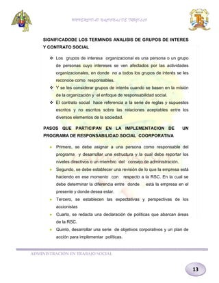 UNIVERSIDAD NACIONAL DE TRUJILLO

SIGNIFICADODE LOS TERMINOS ANALISIS DE GRUPOS DE INTERES
Y CONTRATO SOCIAL
 Los grupos de interesa organizacional es una persona o un grupo
de personas cuyo intereses se ven afectados por las actividades
organizacionales, en donde no a todos los grupos de interés se les
reconoce como responsables.
 Y se les considerar grupos de interés cuando se basen en la misión
de la organización y el enfoque de responsabilidad social.
 El contrato social hace referencia a la serie de reglas y supuestos
escritos y no escritos sobre las relaciones aceptables entre los
diversos elementos de la sociedad.
PASOS QUE PARTICIPAN EN LA IMPLEMENTACION DE

UN

PROGRAMA DE RESPONSABILIDAD SOCIAL COORPORATIVA


Primero, se debe asignar a una persona como responsable del
programa y desarrollar una estructura y la cual debe reportar los
niveles directivos o un miembro del consejo de administración.



Segundo, se debe establecer una revisión de lo que la empresa está
haciendo en ese momento con

respecto a la RSC. En la cual se

debe determinar la diferencia entre donde

está la empresa en el

presente y donde desea estar.


Tercero, se establecen las expectativas y perspectivas de los
accionistas



Cuarto, se redacta una declaración de políticas que abarcan áreas
de la RSC.



Quinto, desarrollar una serie de objetivos corporativos y un plan de
acción para implementar políticas.

ADMINISTRACIÓN EN TRABAJO SOCIAL

13

 