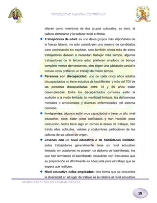 UNIVERSIDAD NACIONAL DE TRUJILLO

alteran como miembros de dos grupos culturales, es decir, la
cultura dominante y la cultura racial o étnica.
Trabajadores de edad: es uno delos grupos más importantes de
la fuerza laboral, no solo constituyen una reserva de candidatos
para contratación sin explotar, sino también ahora más de estos
trabajadores desean o necesitan trabajar más tiempo, algunos
trabajadores de la tercera edad prefieren empleos de tiempo
completo menos demandantes, otro eligen una jubilación parcial e
incluso otros prefieren un trabajo de medio tiempo.
Personas con discapacidad: uno de cada cinco años adultos
discapacitados no tiene estudios de bachillerato y más del 705 de
las personas discapacitadas entre 18 y 55 años están
desempleadas. Entre los discapacitados comunes están la
audición o la visión limitada, la movilidad limitada, las deficiencias
mentales o emocionales y diversas enfermedades del sistema
nervioso.
Inmigrantes: algunos están muy capacitados y tiene un alto nivel
educativo, otros están poco calificados y han recibido poca
instrucción, todos tiene algo en común el deseo de trabajar, han
traído ellos actitudes, valores y costumbres particulares de las
culturas de su países de origen.
Jóvenes con un nivel educativo o de habilidades limitado:
estos trabajadores generalmente tiene un nivel educativo
limitado; en ocasiones no poseen un diploma de bachillerato, los
que han terminado el bachillerato descubren con frecuencia que
su preparación es difícilmente es adecuada para el trabajo que se
espera que realicen.
Nivel educativo delos empleados: otra forma que se encuentra
la diversidad en el lugar de trabajo es la relativa al nivel educativo
ADMINISTRACIÓN EN TRABAJO SOCIAL

18

 