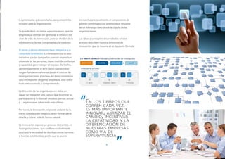 (...) priorizarlas y desarrollarlas para convertirlas   en marcha adicionalmente al componente de
en valor para la organización.                          gestión comentado con anterioridad, requiere
                                                        de un liderazgo claro desde la cúpula de las
Se puede decir sin temor a equivocarnos, que las        organizaciones.
empresas se centran en gestionar la infancia del
ciclo de vida de innovación, pero se olvidan de la      Las ideas y conceptos desarrollados en este
adolescencia (la más complicada) y la madurez.          artículo describen nuestra definición de
                                                        innovación que se resume en la siguiente fórmula:
El tercer y último elemento hace referencia a la
cultura de innovación. La innovación no es una
iniciativa que las compañías puedan improvisar,
depende de las personas, de su nivel de confianza
y capacidad para trabajar en equipo. De hecho,
aproximadamente el 85% de las nuevas ideas
surgen fundamentalmente desde el interior de
las organizaciones y la clave del éxito consiste no
sólo en disponer de gente preparada, sino sobre
todo entusiasmada y comprometida.

La dirección de las organizaciones debe ser




                                                         “
capaz de implantar una cultura que incentive la
participación y la libertad de ideas: pensar, actuar
y… equivocarse, sobre todo esto último.                      En los tiempos que
                                                             corren cada vez
Por tanto, la innovación no puede aislarse de la             es más importante
trama cotidiana del negocio, debe formar parte               innovar, abrazar el
de ella y cobrar vida de forma natural.                      cambio, incentivar
                                                             la creatividad y la
La innovación supone un proceso de cambio en                 diferenciación de
las organizaciones, que conlleva normalmente                 nuestras empresas
asociada la necesidad de derribar ciertas barreras           como vía de


                                                                                        ”
e inercias establecidas, por lo que su puesta                supervivencia

                                                                               6
 