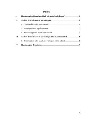 0
ÍNDICE
I. Plan de evaluación en la unidad “viajando hacia Roma” .............................. 1
II. Análisis de resultados de aprendizajes ............................................................. 1
1. Construcción de vivienda romana .................................................................. 1
2. Investigación del legado romano.................................................................... 2
3. Resultados prueba escrita de la unidad........................................................... 3
III. Análisis de resultados de aprendizaje al finalizar la unidad .......................... 5
1. Comparación entre resultados evaluación inicial y final............................... 5
IV. Plan de acción de mejora ................................................................................... 7
 
