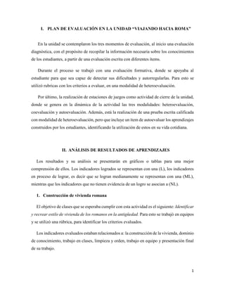 1
I. PLAN DE EVALUACIÓN EN LA UNIDAD “VIAJANDO HACIA ROMA”
En la unidad se contemplaron los tres momentos de evaluación, al inicio una evaluación
diagnóstica, con el propósito de recopilar la información necesaria sobre los conocimientos
de los estudiantes, a partir de una evaluación escrita con diferentes ítems.
Durante el proceso se trabajó con una evaluación formativa, donde se apoyaba al
estudiante para que sea capaz de detectar sus dificultades y autorregularlas. Para esto se
utilizó rubricas con los criterios a evaluar, en una modalidad de heteroevaluación.
Por último, la realización de estaciones de juegos como actividad de cierre de la unidad,
donde se genera en la dinámica de la actividad las tres modalidades: heteroevaluación,
coevaluación y autoevaluación. Además, está la realización de una prueba escrita calificada
con modalidad de heteroevaluación, pero que incluye un ítem de autoevaluar los aprendizajes
construidos por los estudiantes, identificando la utilización de estos en su vida cotidiana.
II. ANÁLISIS DE RESULTADOS DE APRENDIZAJES
Los resultados y su análisis se presentarán en gráficos o tablas para una mejor
comprensión de ellos. Los indicadores logrados se representan con una (L), los indicadores
en proceso de lograr, es decir que se logran medianamente se representan con una (ML),
mientras que los indicadores que no tienen evidencia de un logro se asocian a (NL).
1. Construcción de vivienda romana
El objetivo de clases que se esperaba cumplir con esta actividad es el siguiente: Identificar
y recrear estilo de vivienda de los romanos en la antigüedad. Para esto se trabajó en equipos
y se utilizó una rúbrica, para identificar los criterios evaluados.
Los indicadores evaluados estaban relacionados a: la construcción de la vivienda, dominio
de conocimiento, trabajo en clases, limpieza y orden, trabajo en equipo y presentación final
de su trabajo.
 