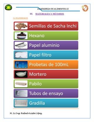 INGENIERIA DE ALIMENTOS II
M. Sc Ing. Rafael Acosta López,
III. MATERIALES Y MÉTODOS
3.1 MATERIALES
Semillas de Sacha Inchi
Hexano
Papel aluminio
Papel filtro
Probetas de 100mL
Mortero
Pabilo
Tubos de ensayo
Gradilla
 
