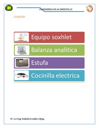 INGENIERIA DE ALIMENTOS II
M. Sc Ing. Rafael Acosta López,
3.2 EQUIPOS
Equipo soxhlet
Balanza analitica
Estufa
Cocinilla electrica
 