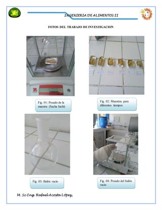 INGENIERIA DE ALIMENTOS II
M. Sc Ing. Rafael Acosta López,
FOTOS DEL TRABAJO DE INVESTIGACION
Fig. 01: Pesado de la
muestra (Sacha Inchi)
Fig. 02: Muestras para
diferentes tiempos
Fig. 03: Balón vacio Fig. 04: Pesado del balón
vacio
 