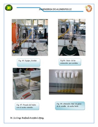 INGENIERIA DE ALIMENTOS II
M. Sc Ing. Rafael Acosta López,
Fig. 05: Equipo Soxhlet Fig.06: Inicio de las
extracción por corridas
Fig. 07: Pesado del balón
con el aceite extraído.
Fig. 08: obtención final de grasa
de la semilla de sacha Inchi.
 