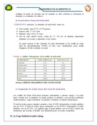 INGENIERIA DE ALIMENTOS II
M. Sc Ing. Rafael Acosta López,
configura un precio de mercado que irá tomando su valor conforme se incremente la
demanda y se extiendan los cultivos.
b) Características Físicas del Sacha Inchi
CIDRAP(1993), menciona: La almendra de sacha inchi, tienen un:
 Peso variable entre 0.771 y 0.774 gramos
 Espesor entre 7.7 a 8.3 mm
 Diámetro entre 14.8 y 15.2 mm
 Son de color marrón oscuro, ovales de 1.5 -2.0 cm. de diámetro, ligeramente
abultadas en el centro y aplastadas en los bordes.
Se puede apreciar el alto contenido en aceite determinado en las semilla de sacha
inchi de aproximadamente 54.90% en base seca, clasificándola como semilla
oleaginosa de alto contenido en aceite
Cuadro 1: Análisis Fisicoquímico de la semilla de sacha inchi
Fuente: CIDRAP( 1961),ORIGEN DEL SACHA INCHI
c) Composición En Ácidos Grasos Del Aceite De Sacha Inchi
Las semillas del Sacha Inchi tienen proteínas, antioxidantes y además, omega 3, un ácido
graso esencial que el organismo no puede producir ni sintetizar y que previene problemas
cardiovasculares, ayuda a disminuir el colesterol y fortalece el sistema inmunológico.
El total de ácidos grasos saturados asciende a solo el 9.08% destacándose el ácido palmítico
con un 5.6%. El total de ácidos grasos insaturados es de 90.34%, destacándose el ácido
linolénico con un 43.75% y en segundo lugar el ácido linoléico con un 36.99% valores que
demuestran que el aceite es factible en la industrialización de aceites comestibles.
 