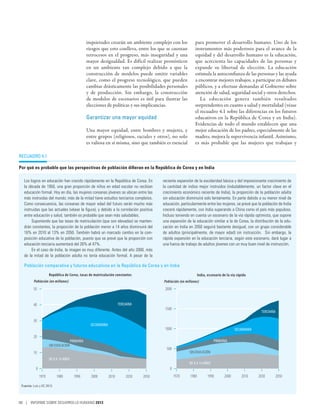 inquietudes crearán un ambiente complejo con los             para promover el desarrollo humano. Uno de los
                                                  riesgos que esto conlleva, entre los que se cuentan          instrumentos más poderosos para el avance de la
                                                  retrocesos en el progreso, más inseguridad y una             equidad y del desarrollo humano es la educación,
                                                  mayor desigualdad. Es difícil realizar pronósticos           que acrecienta las capacidades de las personas y
                                                  en un ambiente tan complejo debido a que la                  expande su libertad de elección. La educación
                                                  construcción de modelos puede omitir variables               estimula la autoconfianza de las personas y las ayuda
                                                  clave, como el progreso tecnológico, que pueden              a encontrar mejores trabajos, a participar en debates
                                                  cambiar drásticamente las posibilidades personales           públicos, y a efectuar demandas al Gobierno sobre
                                                  y de producción. Sin embargo, la construcción                atención de salud, seguridad social y otros derechos.
                                                  de modelos de escenarios es útil para ilustrar las              La educación genera también resultados
                                                  elecciones de políticas y sus implicancias.                  sorprendentes en cuanto a salud y mortalidad (véase
                                                                                                               el recuadro 4.1 sobre las diferencias en los futuros
                                                  Garantizar una mayor equidad                                 educativos en la República de Corea y en India).
                                                                                                               Evidencias de todo el mundo establecen que una
                                                  Una mayor equidad, entre hombres y mujeres, y                mejor educación de los padres, especialmente de las
                                                  entre grupos (religiosos, raciales y otros), no solo         madres, mejora la supervivencia infantil. Asimismo,
                                                  es valiosa en sí misma, sino que también es esencial         es más probable que las mujeres que trabajan y

Recuadro 4.1

Por qué es probable que las perspectivas de población difieran en la República de Corea y en India

  Los logros en educación han crecido rápidamente en la República de Corea. En             reciente expansión de la escolaridad básica y del impresionante crecimiento de
  la década de 1950, una gran proporción de niños en edad escolar no recibían              la cantidad de indios mejor instruidos (indudablemente, un factor clave en el
  educación formal. Hoy en día, las mujeres coreanas jóvenes se ubican entre las           crecimiento económico reciente de India), la proporción de la población adulta
  más instruidas del mundo; más de la mitad tiene estudios terciarios completos.           sin educación disminuirá solo lentamente. En parte debido a su menor nivel de
  Como consecuencia, las coreanas de mayor edad del futuro serán mucho más                 educación, particularmente entre las mujeres, se prevé que la población de India
  instruidas que las actuales (véase la figura), y debido a la correlación positiva        crecerá rápidamente, con India superando a China como el país más populoso.
  entre educación y salud, también es probable que sean más saludables.                    Incluso teniendo en cuenta un escenario de la vía rápida optimista, que supone
       Suponiendo que las tasas de matriculación (que son elevadas) se manten-             una expansión de la educación similar a la de Corea, la distribución de la edu-
  drán constantes, la proporción de la población menor a 14 años disminuirá del            cación en India en 2050 seguirá bastante desigual, con un grupo considerable
  16% en 2010 al 13% en 2050. También habrá un marcado cambio en la com-                   de adultos (principalmente, de mayor edad) sin instrucción. Sin embargo, la
  posición educativa de la población, puesto que se prevé que la proporción con            rápida expansión en la educación terciaria, según este escenario, dará lugar a
  educación terciaria aumentará del 26% al 47%.                                            una fuerza de trabajo de adultos jóvenes con un muy buen nivel de instrucción.
       En el caso de India, la imagen es muy diferente. Antes del año 2000, más
  de la mitad de la población adulta no tenía educación formal. A pesar de la

  Población comparativa y futuros educativos en la República de Corea y en India
                      República de Corea, tasas de matriculación constantes                                        India, escenario de la vía rápida
          Población (en millones)                                                          Población (en millones)
         50                                                                                 2000


         40                                                             TERCIARIA
                                                                                            1500
                                                                                                                                                          TERCIARIA

         30
                                                    SECUNDARIA
                                                                                            1000                                            SECUNDARIA
         20
                                       PRIMARIA                                                                               PRIMARIA
                      SIN EDUCACIÓN
                                                                                             500
         10                                                                                                SIN EDUCACIÓN
                      DE 0 A 14 AÑOS
                                                                                                           DE 0 A 14 AÑOS
           0                                                                                   0
               1970        1980          1990       2000         2010        2030   2050           1970     1980         1990        2000        2010    2030     2050

 Fuente: Lutz y KC 2013.



88 | INFORME SOBRE DESARROLLO HUMANO 2013
 