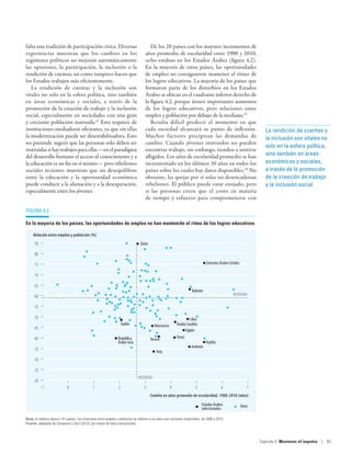 falta una tradición de participación cívica. Diversas                                   De los 20 países con los mayores incrementos de
experiencias muestran que los cambios en los                                         años promedio de escolaridad entre 1980 y 2010,
regímenes políticos no mejoran automáticamente                                       ocho estaban en los Estados Árabes (figura 4.2).
las opiniones, la participación, la inclusión o la                                   En la mayoría de estos países, las oportunidades
rendición de cuentas, así como tampoco hacen que                                     de empleo no consiguieron mantener el ritmo de
los Estados trabajen más eficientemente.                                             los logros educativos. La mayoría de los países que
   La rendición de cuentas y la inclusión son                                        formaron parte de los disturbios en los Estados
vitales no solo en la esfera política, sino también                                  Árabes se ubican en el cuadrante inferior derecho de
en áreas económicas y sociales, a través de la                                       la figura 4.2, porque tienen importantes aumentos
promoción de la creación de trabajo y la inclusión                                   de los logros educativos, pero relaciones entre
social, especialmente en sociedades con una gran                                     empleo y población por debajo de la mediana.23
y creciente población instruida.22 Esto requiere de                                     Resulta difícil predecir el momento en que
instituciones mediadoras eficientes, ya que sin ellas                                cada sociedad alcanzará su punto de inflexión.                                 La rendición de cuentas y
la modernización puede ser desestabilizadora. Esto                                   Muchos factores precipitan las demandas de                                     la inclusión son vitales no
no pretende sugerir que las personas solo deben ser                                  cambio. Cuando jóvenes instruidos no pueden
                                                                                                                                                                    solo en la esfera política,
instruidas si hay trabajos para ellas —en el paradigma                               encontrar trabajo, sin embargo, tienden a sentirse
del desarrollo humano el acceso al conocimiento y a                                  afligidos. Los años de escolaridad promedio se han                             sino también en áreas
la educación es un fin en sí mismo— pero rebeliones                                  incrementado en los últimos 30 años en todos los                               económicas y sociales,
sociales recientes muestran que un desequilibrio                                     países sobre los cuales hay datos disponibles.24 No                            a través de la promoción
entre la educación y la oportunidad económica                                        obstante, las quejas por sí solas no desencadenan                              de la creación de trabajo
puede conducir a la alienación y a la desesperación,                                 rebeliones. El público puede estar enojado, pero                               y la inclusión social
especialmente entre los jóvenes.                                                     si las personas creen que el costo en materia
                                                                                     de tiempo y esfuerzo para comprometerse con

Figura 4.2

En la mayoría de los países, las oportunidades de empleo no han mantenido el ritmo de los logros educativos

     Relación entre empleo y población (%)
      85                                                                          Qatar

      80

      75                                                                                                                         Emiratos Árabes Unidos

      70

      65
                                                                                                                       Bahréin
      60                                                                                                                                          MEDIANA

      55

      50                                                                                                             Libia
                                                                      Sudán                 Marruecos       Arabia Saudita
      45                                                                                                          Egipto
      40                                                          República               Yemen             Túnez
                                                                  Árabe Siria                                                    Argelia
                                                                                                                      Jordania
      35                                                                                     Iraq
      30

      25
                                                                                MEDIANA
      20
           1                0                  1                 2                  3                  4                5                  6                 7
                                                                                          Cambio en años promedio de escolaridad, 1980-2010 (años)
                                                                                                                              Estados Árabes              Otros
                                                                                                                              seleccionados

Nota: el análisis abarca 141 países. Las relaciones entre empleo y población se refieren a los años mas recientes disponibles, de 2006 a 2010.
Fuente: adaptado de Campante y Chor (2012), por medio de datos actualizados.



                                                                                                                                                                  Capítulo 4  Mantener el impulso | 93
 