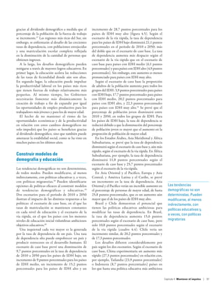 gracias al dividendo demográfico a medida que el        incremento de 28,7 puntos porcentuales para los
porcentaje de la población de la fuerza de trabajo      países de IDH muy alto (figura 4.5). Según el
se incremente.37 Las regiones más ricas del Sur, sin    escenario de la vía rápida, la tasa de dependencia
embargo, se enfrentarán al desafío de las crecientes    para los países de IDH bajo disminuirá 21,1 puntos
tasas de dependencia, con poblaciones envejecidas       porcentuales en el período de 2010 a 2050; más
y una matriculación escolar completa reflejada          del doble que en el escenario de caso base. La tasa
en la disminución de la cantidad de personas que        de dependencia aumenta más despacio según el
obtienen ingresos.                                      escenario de la vía rápida que en el escenario de
   A la larga, los desafíos demográficos pueden         caso base para países con IDH medio (6,1 puntos
mitigarse a través de mayores logros educativos. En     porcentuales) y para países con IDH alto (4,9 puntos
primer lugar, la educación acelera las reducciones      porcentuales). Sin embargo, este aumento es menos
de las tasas de fecundidad donde aún son altas.         pronunciado para países con IDH muy alto.
En segundo lugar, la educación puede impulsar              Según el escenario de caso base la proporción
la productividad laboral en los países más ricos        de adultos de la población aumenta para todos los
que tienen fuerzas de trabajo relativamente más         grupos del IDH: 3,9 puntos porcentuales para países
pequeñas. Al mismo tiempo, los Gobiernos                con IDH bajo, 17,7 puntos porcentuales para países
necesitarán fomentar más dinámicamente la               con IDH medio, 20,2 puntos porcentuales para
creación de trabajo a fin de expandir por igual         países con IDH alto, y 22,3 puntos porcentuales
las oportunidades de empleo productivo para los         para países con IDH muy alto.41 Se prevé que el
trabajadores más jóvenes y para los de mayor edad.      porcentaje de población joven disminuirá entre
   El hecho de no mantener el ritmo de las              2010 y 2050, en todos los grupos de IDH. Para
oportunidades económicas y de la productividad          los países de IDH bajo, la tasa de dependencia se
en relación con estos cambios demográficos no           reducirá debido a que la disminución del porcentaje
solo impedirá que los países se beneficien gracias      de población joven es mayor que el aumento en la
al dividendo demográfico, sino que también puede        proporción de población de mayor edad.
amenazar la estabilidad social, como se ha visto en        En los Estados Árabes, Asia Meridional y África
muchos países en los últimos años.                      Subsahariana, se prevé que la tasa de dependencia
                                                        disminuirá según el escenario de caso base y, aún más
                                                        rápido, según el escenario de la vía rápida. En África
Construir modelos de                                    Subsahariana, por ejemplo, la tasa de dependencia
demografía y educación                                  disminuirá 11,8 puntos porcentuales según el
                                                        escenario de caso base y 25,7 puntos porcentuales
Las tendencias demográficas no son deterministas,       según el escenario de la vía rápida.
de todos modos. Pueden modificarse, al menos               En Asia Oriental y el Pacífico, Europa y Asia
indirectamente, con políticas educativas y, a veces,    Central, y América Latina y el Caribe, se prevé
con políticas migratorias.38 Pueden identificarse       un incremento en la tasa de dependencia. Asia
opciones de políticas eficaces al construir modelos     Oriental y el Pacífico verán un increíble aumento en       Las tendencias
de tendencias demográficas y educativas. 39             el porcentaje de personas de mayor edad, de hasta          demográficas no son
Dos  escenarios para el período de 2010 a 2050          25,8 puntos porcentuales, que es un aumento aún            deterministas. Pueden
ilustran el impacto de las distintas respuestas a las   mayor que el de los países de IDH muy alto.                modificarse, al menos
políticas: el escenario de caso base, en el que las        Brasil y Chile demuestran el potencial que              indirectamente, con
tasas de matriculación se mantienen constantes          tienen las políticas educativas ambiciosas para
                                                                                                                   políticas educativas y,
en cada nivel de educación y el escenario de la         modificar las tasas de dependencia. En Brasil,
                                                                                                                   a veces, con políticas
vía rápida, en el que los países con los menores        la tasa de dependencia aumenta 15,6 puntos
niveles de educación inicial vislumbran ambiciosos      porcentuales según el escenario de caso base, pero         migratorias
objetivos educativos.40                                 solo 10,8  puntos porcentuales según el escenario
   Una inquietud cada vez mayor es la generada          de la vía rápida (cuadro 4.4). Chile vería un
por la tasa de dependencia de un país. Una tasa         incremento similar, de 20,2 puntos porcentuales y
de dependencia alta puede empobrecer un país y          de 17,3 puntos porcentuales.
producir retrocesos en el desarrollo humano. El            Los desafíos difieren considerablemente por
escenario de caso base prevé una disminución de         país según los dos escenarios. Según el escenario de
9,7 puntos porcentuales en la tasa de dependencia       caso base, China experimentaría un aumento más
de 2010 a 2050 para los países de IDH bajo, un          rápido (27,3 puntos porcentuales) en relación con,
incremento de 9 puntos porcentuales para los países     por ejemplo, Tailandia (23,9 puntos porcentuales)
de IDH medio, un incremento de 15,2  puntos             o Indonesia (8,7 puntos porcentuales) países en
porcentuales para los países de IDH alto y un           los que hasta una política educativa más ambiciosa

                                                                                                                 Capítulo 4  Mantener el impulso | 97
 