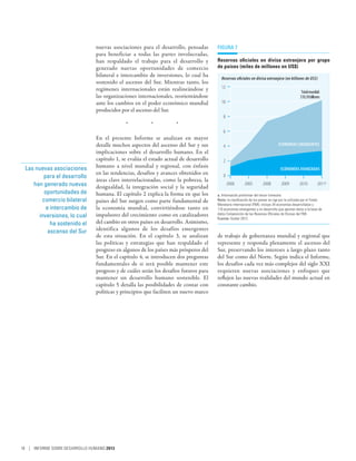 nuevas asociaciones para el desarrollo, pensadas       Figura 7
                                para beneficiar a todas las partes involucradas,
                                han respaldado el trabajo para el desarrollo y         Reservas oficiales en divisa extranjera por grupo
                                generado nuevas oportunidades de comercio              de países (miles de millones en US$)
                                bilateral e intercambio de inversiones, lo cual ha
                                                                                         Reservas oﬁciales en divisa extranjera (en billones de US$)
                                sostenido el ascenso del Sur. Mientras tanto, los
                                regímenes internacionales están realineándose y          12
                                                                                                                                                  Total mundial:
                                las organizaciones internacionales, reorientándose                                                               $10,18 billones
                                ante los cambios en el poder económico mundial           10
                                producidos por el ascenso del Sur.
                                                                                           8
                                             *    *    *
                                                                                           6
                                En el presente Informe se analizan en mayor
                                detalle muchos aspectos del ascenso del Sur y sus          4                                      ECONOMÍAS EMERGENTES
                                implicaciones sobre el desarrollo humano. En el
                                capítulo 1, se evalúa el estado actual de desarrollo       2
 Las nuevas asociaciones        humano a nivel mundial y regional, con énfasis                                                     ECONOMÍAS AVANZADAS
                                en las tendencias, desafíos y avances obtenidos en
        para el desarrollo                                                                 0
                                áreas clave interrelacionadas, como la pobreza, la
    han generado nuevas         desigualdad, la integración social y la seguridad
                                                                                               2000       2005         2008         2009         2010         2011a
        oportunidades de        humana. El capítulo 2 explica la forma en que los      a.Información preliminar del tercer trimestre.
       comercio bilateral       países del Sur surgen como parte fundamental de        Nota: la clasificación de los países se rige por la utilizada por el Fondo
                                                                                       Monetario Internacional (FMI); incluye 34 economías desarrolladas y
         e intercambio de       la economía mundial, convirtiéndose tanto en           110 economías emergentes y en desarrollo que aportan datos a la base de
      inversiones, lo cual      impulsores del crecimiento como en catalizadores       datos Composición de las Reservas Oficiales de Divisas del FMI.
                                                                                       Fuente: Grabel 2013.
           ha sostenido el      del cambio en otros países en desarrollo. Asimismo,
          ascenso del Sur       identifica algunos de los desafíos emergentes
                                de esta situación. En el capítulo 3, se analizan       de trabajo de gobernanza mundial y regional que
                                las políticas y estrategias que han respaldado el      represente y responda plenamente el ascenso del
                                progreso en algunos de los países más prósperos del    Sur, preservando los intereses a largo plazo tanto
                                Sur. En el capítulo 4, se introducen dos preguntas     del Sur como del Norte. Según indica el Informe,
                                fundamentales de si será posible mantener este         los desafíos cada vez más complejos del siglo XXI
                                progreso y de cuáles serán los desafíos futuros para   requieren nuevas asociaciones y enfoques que
                                mantener un desarrollo humano sostenible. El           reflejen las nuevas realidades del mundo actual en
                                capítulo 5 detalla las posibilidades de contar con     constante cambio.
                                políticas y principios que faciliten un nuevo marco




18 | INFORME SOBRE DESARROLLO HUMANO 2013
 