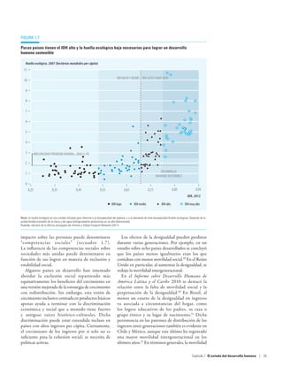 Figura 1.7

Pocos países tienen el IDH alto y la huella ecológica baja necesarios para lograr un desarrollo
humano sostenible

    Huella ecológica, 2007 (hectáreas mundiales per cápita)
  11

                                                                                      IDH BAJO Y MEDIO IDH ALTO Y MUY ALTO
  10

    9

    8

    7

    6

    5

    4

    3          BIOCAPACIDAD PROMEDIO MUNDIAL, 2008 (1,79)

   2

                                                                                                                           DESARROLLO
   1
                                                                                                                        HUMANO SOSTENIBLE

    0
        0,25                0,35                 0,45                 0,55                  0,65                 0,75                   0,85                0,95
                                                                                                                                                    IDH, 2012

                                                                                 IDH bajo            IDH medio               IDH alto             IDH muy alto


Nota: la huella ecológica es una unidad utilizada para referirse a la biocapacidad del planeta, y a la demanda de esta biocapacidad (huella ecológica). Depende de la
productividad promedio de la tierra y del agua biológicamente productivas en un año determinado.
Fuente: cálculos de la Oficina encargada del Informe y Global Footprint Network (2011).



impacto sobre las personas puede denominarse                                             Los efectos de la desigualdad pueden perdurar
“competencias sociales” (recuadro 1.7).                                               durante varias generaciones. Por ejemplo, en un
La  influencia de las competencias sociales sobre                                     estudio sobre ocho países desarrollados se concluyó
sociedades más unidas puede determinarse en                                           que los países menos igualitarios eran los que
función de sus logros en materia de inclusión y                                       contaban con menor movilidad social.49 En el Reino
estabilidad social.                                                                   Unido en particular, al aumentar la desigualdad, se
   Algunos países en desarrollo han intentado                                         redujo la movilidad intergeneracional.
abordar la exclusión social repartiendo más                                              En el Informe sobre Desarrollo Humano de
equitativamente los beneficios del crecimiento en                                     América Latina y el Caribe 2010 se destacó la
una versión mejorada de la estrategia de crecimiento                                  relación entre la falta de movilidad social y la
con redistribución. Sin embargo, esta visión de                                       perpetuación de la desigualdad.50 En Brasil, al
crecimiento inclusivo centrada en productos básicos                                   menos un cuarto de la desigualdad en ingresos
apenas ayuda a terminar con la discriminación                                         va asociada a circunstancias del hogar, como
económica y social que a menudo tiene fuertes                                         los logros educativos de los padres, su raza o
y antiguas raíces histórico-culturales. Dicha                                         grupo étnico y su lugar de nacimiento.51 Dicha
discriminación puede estar extendida incluso en                                       persistencia en los patrones de distribución de los
países con altos ingresos per cápita. Ciertamente,                                    ingresos entre generaciones también es evidente en
el crecimiento de los ingresos por sí solo no es                                      Chile y México, aunque este último ha registrado
suficiente para la cohesión social; se necesita de                                    una mayor movilidad intergeneracional en los
políticas activas.                                                                    últimos años.52 En términos generales, la movilidad

                                                                                                                                                        Capítulo 1  El estado del desarrollo humano | 35
 